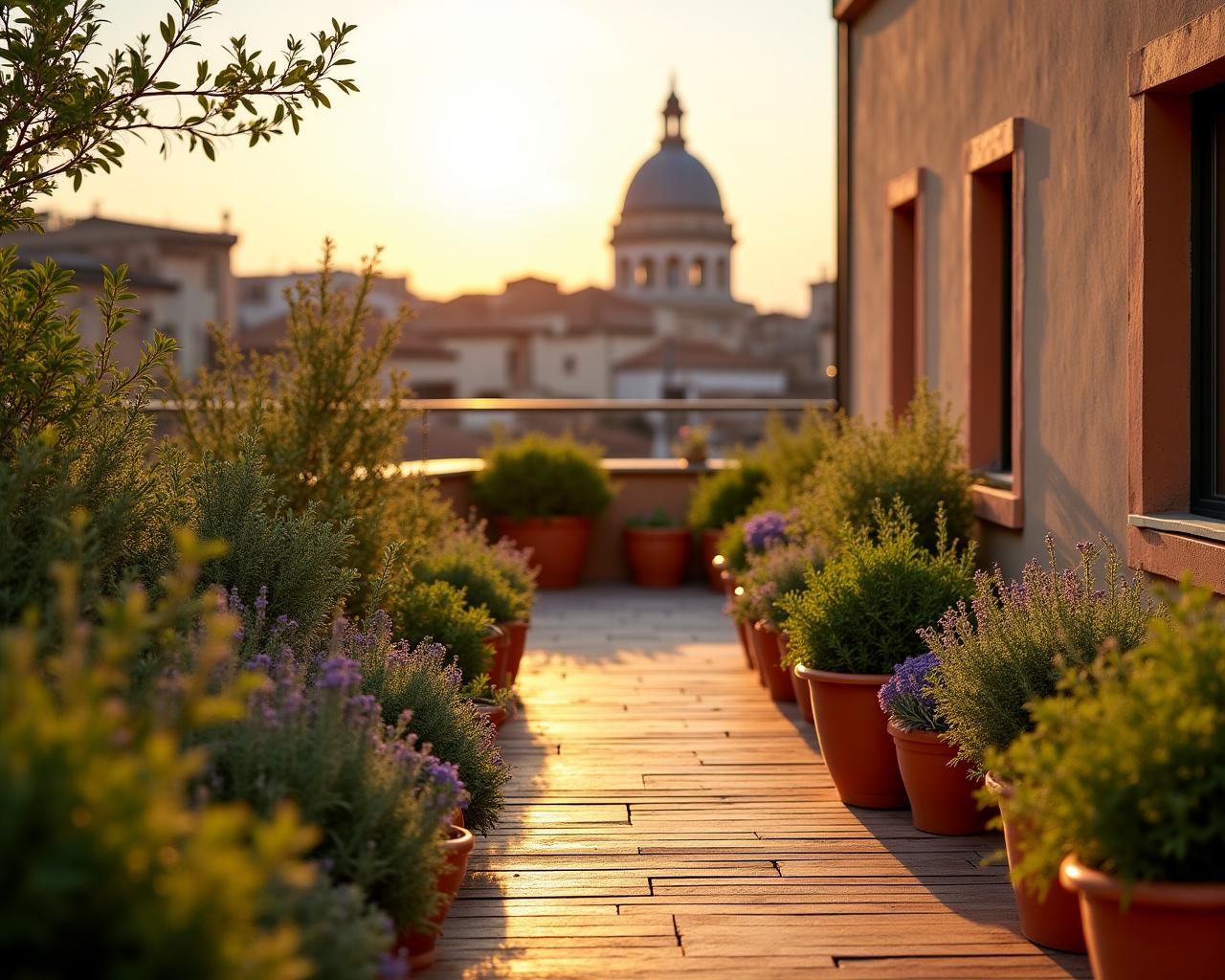Un rigoglioso giardino urbano con vista sui tetti storici di Roma